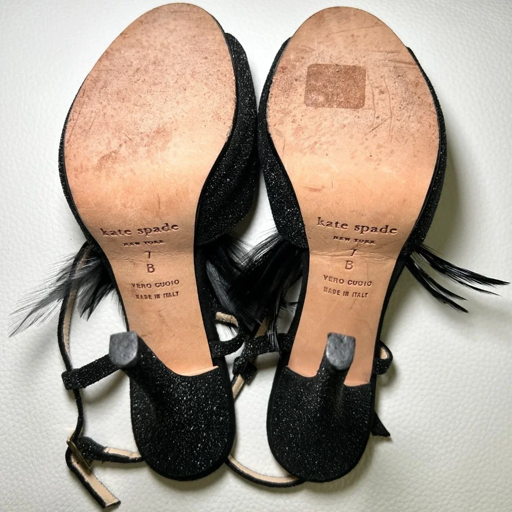 Kate‎ Spade Glitter Feather Black Open Toe Slingback Pumps Heels Size 7